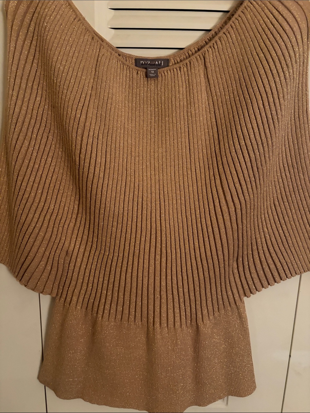 Roz & Ali Camel Off-the-Shoulder Ribbed Sparkle Sweater